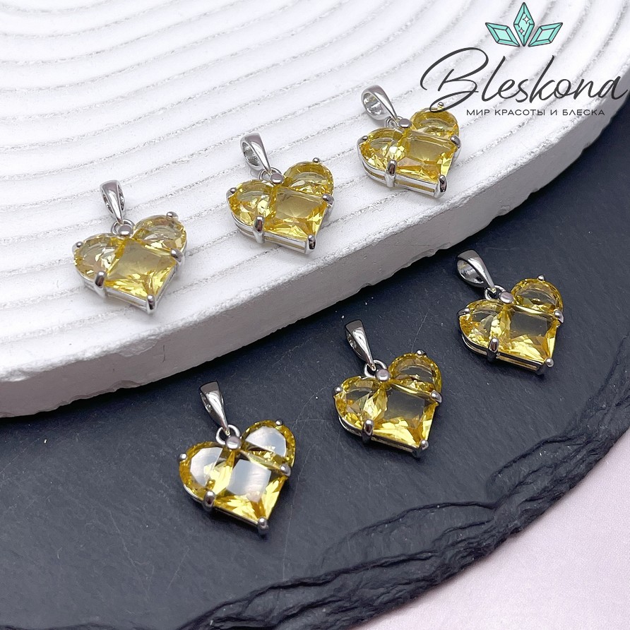 14,5*14 мм Цвет серебро, Подвеска Сердце желтые цирконы