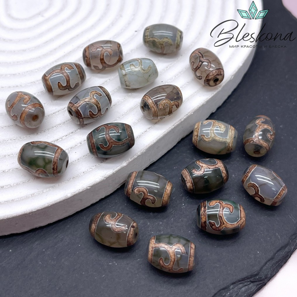 Бусина Дзи Зеленая тара зелено-коричневый бочонок 10*14 мм