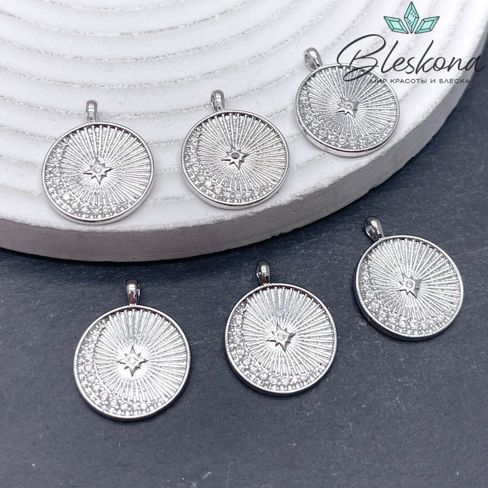 16,7мм,цвет серебро,Подвеска полумесяц со звездой цирконы 