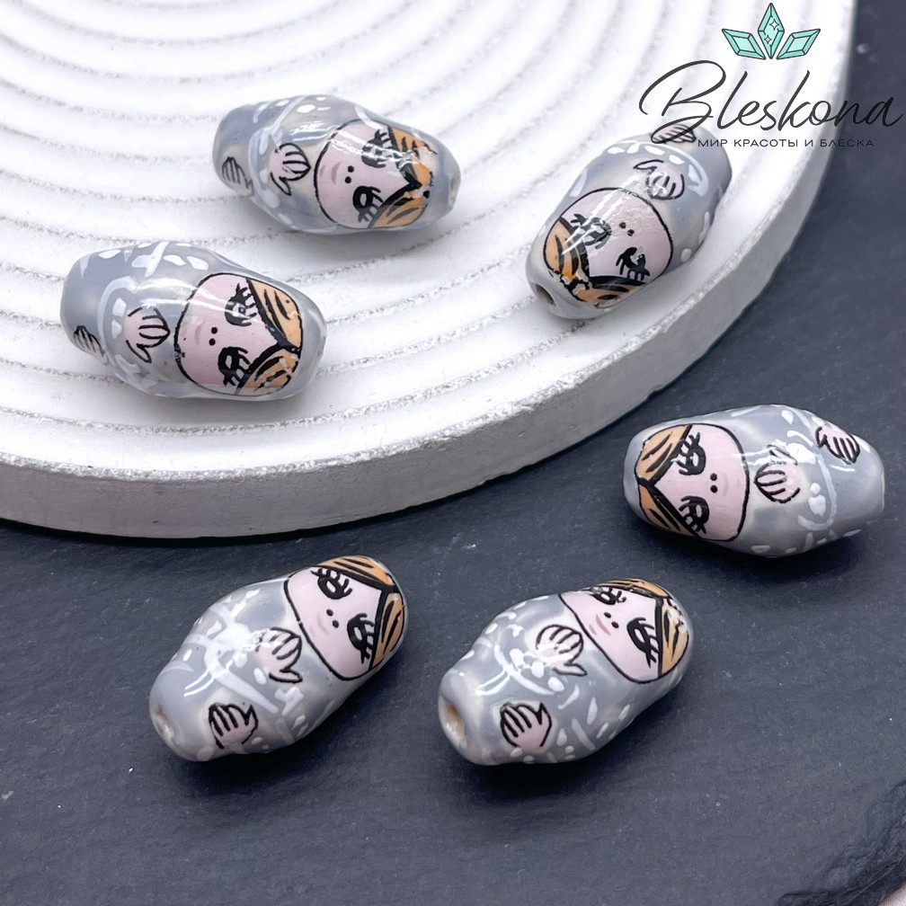 23*14 мм Керамика бусина матрёшка серая