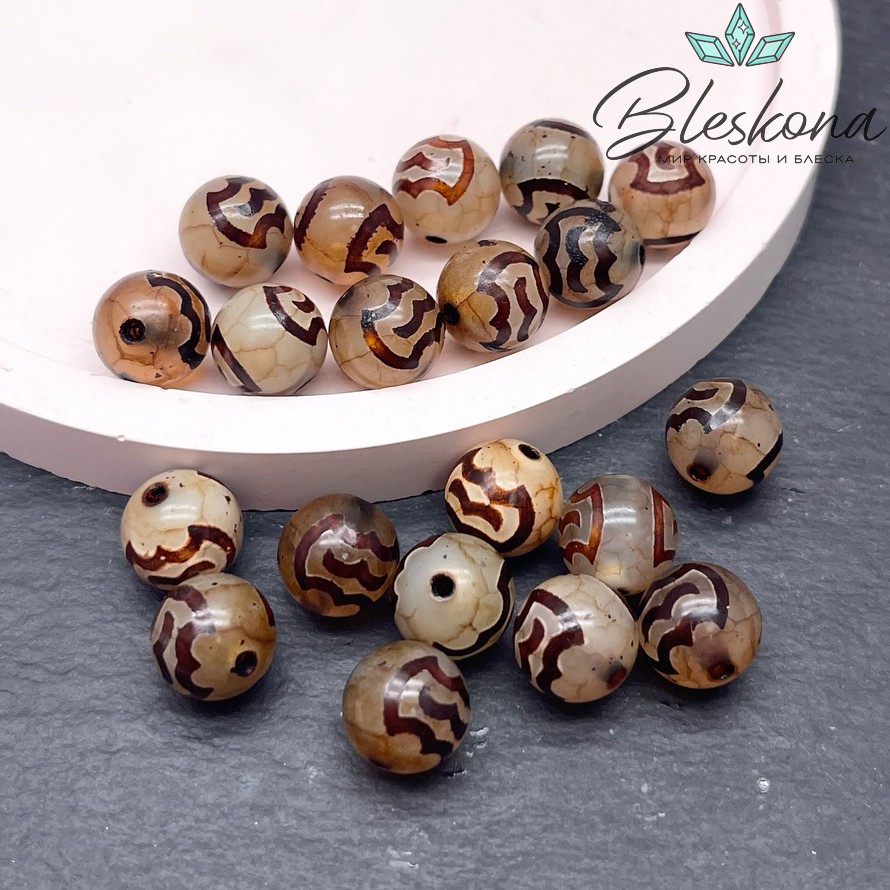 Бусина Дзи Птица Гаруда серо-коричневый шар 10 мм уп.10 шт.