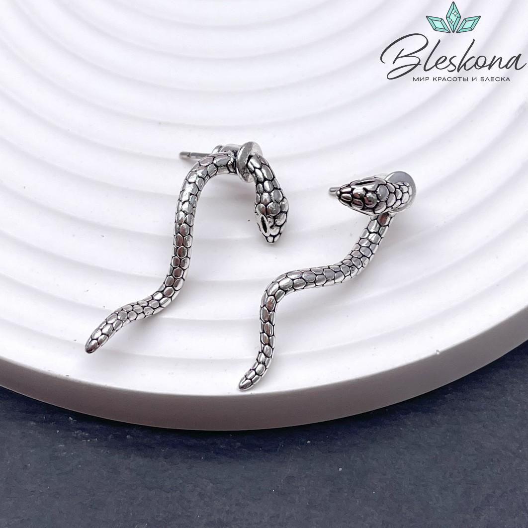32,5*7,5 мм Цвет серебро, Пусеты змея сталь УЦЕНКА