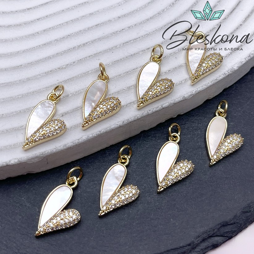 18*11 мм Цвет золото, Подвеска сердце с перламутром и цирконами