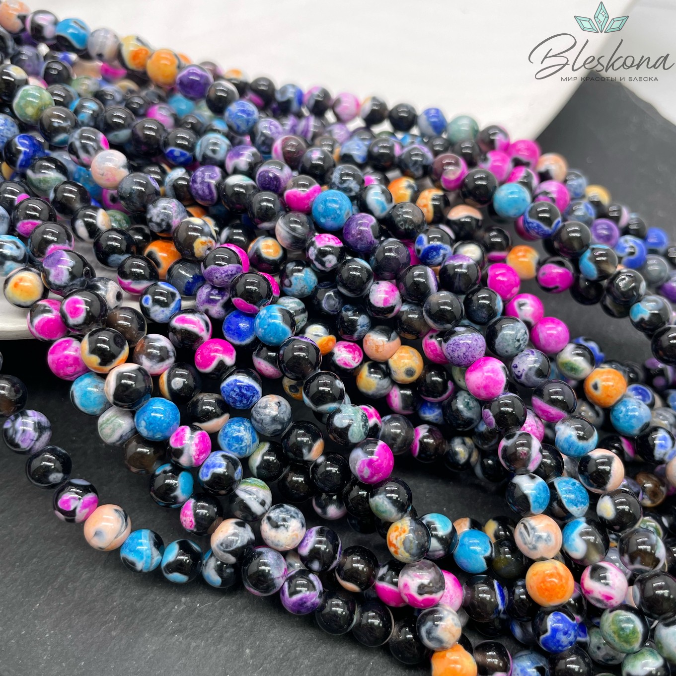 Агат черный микс цветные разводы (имитация) 6 мм