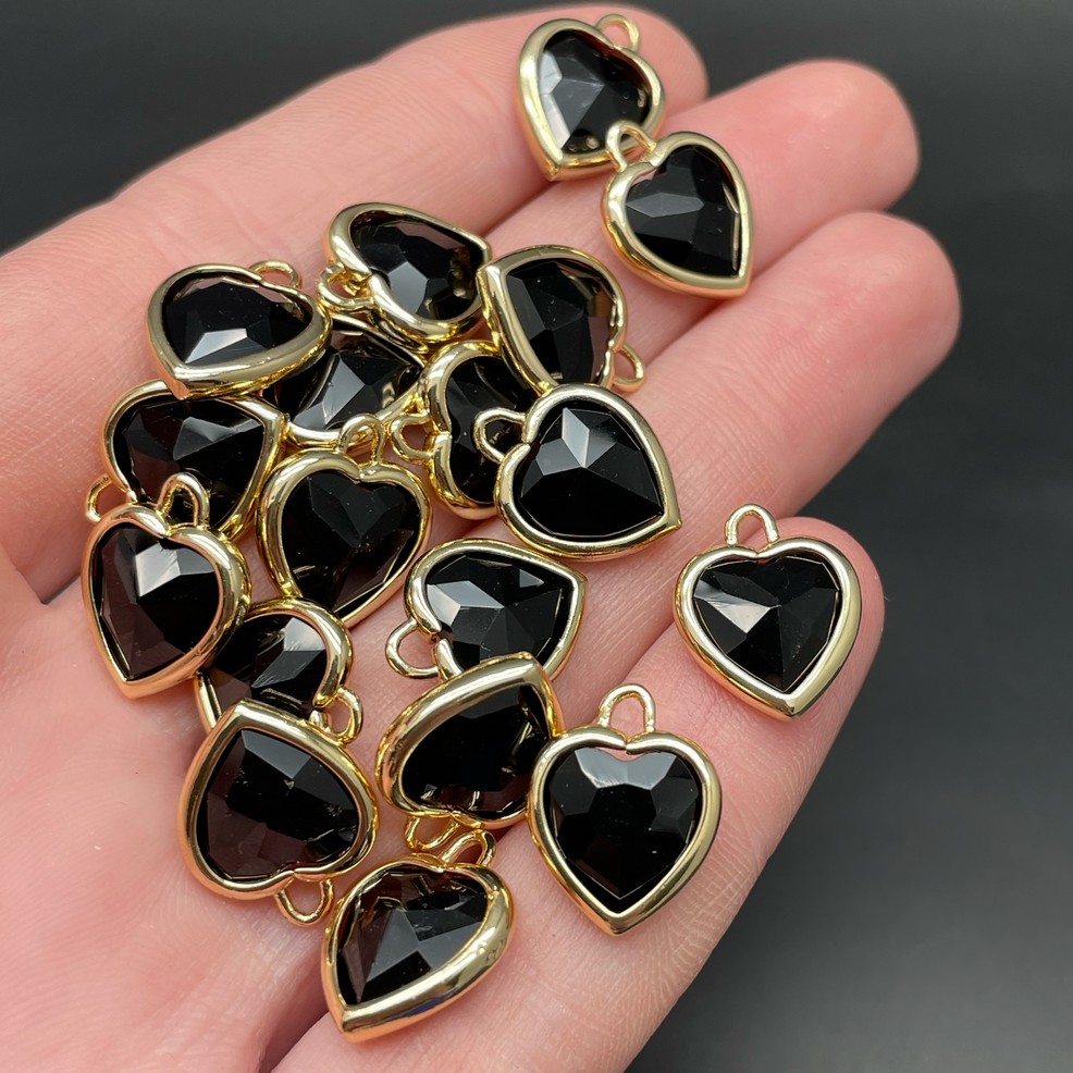 12 мм, Цвет золото, Подвеска сердце стекло черное