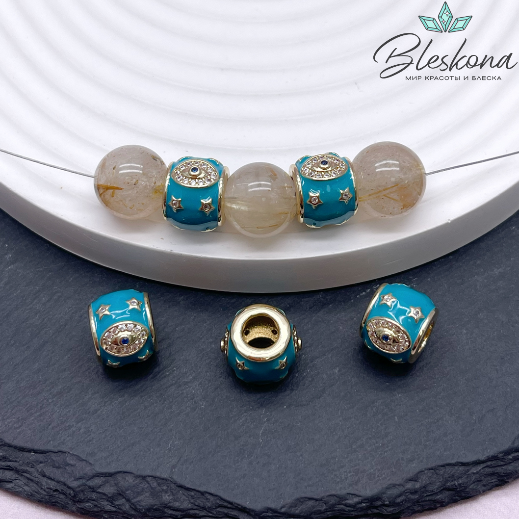 9*11 мм Цвет золото, Бусина бочонок глаз цирконы голубая эмаль