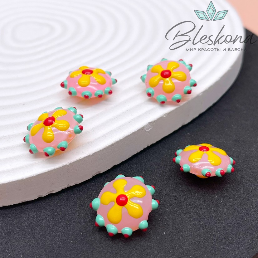 20 мм Бусина округлая розовая желтый цветок