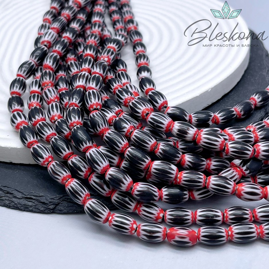 Муранское стекло бочата красно- белые, черные полосы 11*8 мм