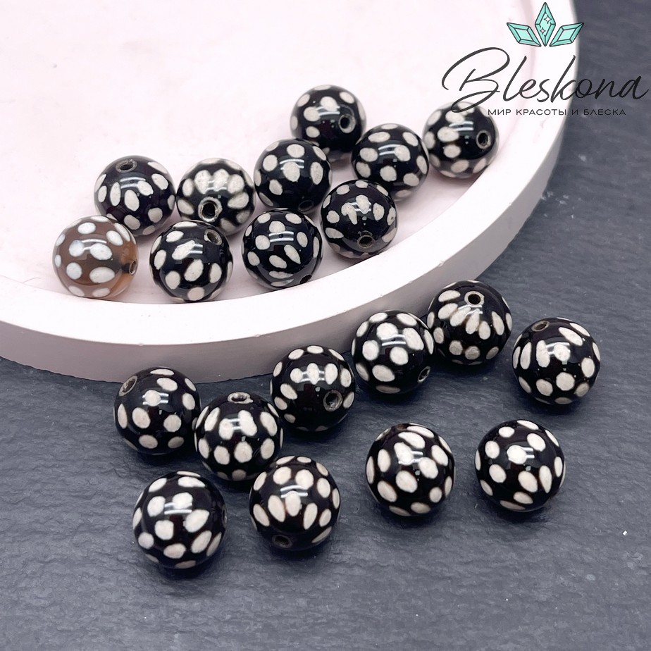 Бусина Дзи точки черно-белый шар 10 мм уп.10 шт.