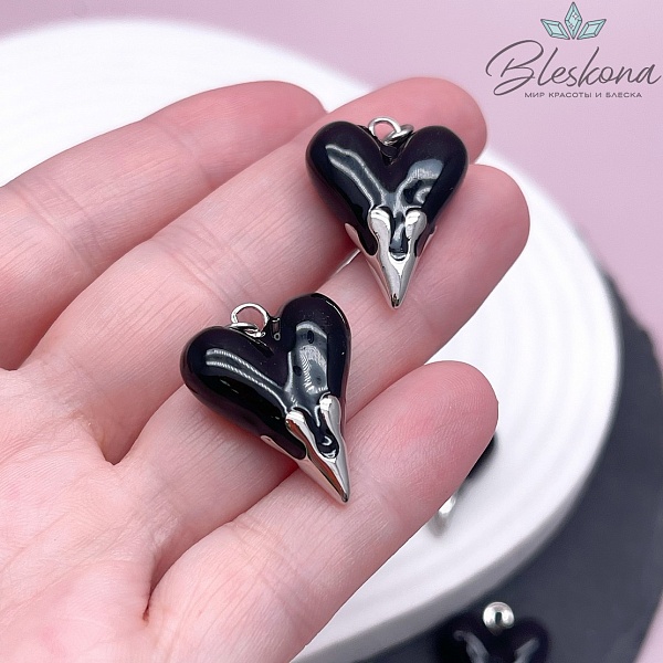 19,5*24,5 мм Цвет серебро, Подвеска Сердце черная эмаль 