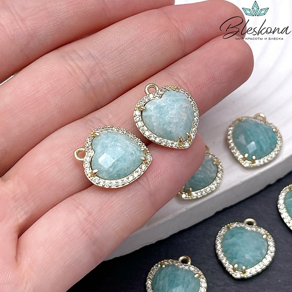 16*18мм ,цвет золото, Подвеска Сердце в обрамлении Амазонит огранка