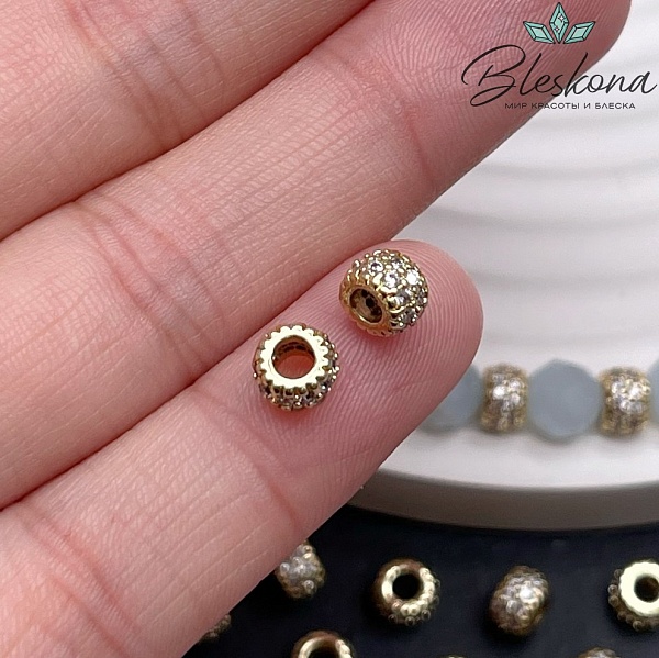 6*4 мм Цвет золото, Бусина-разделитель цирконы 