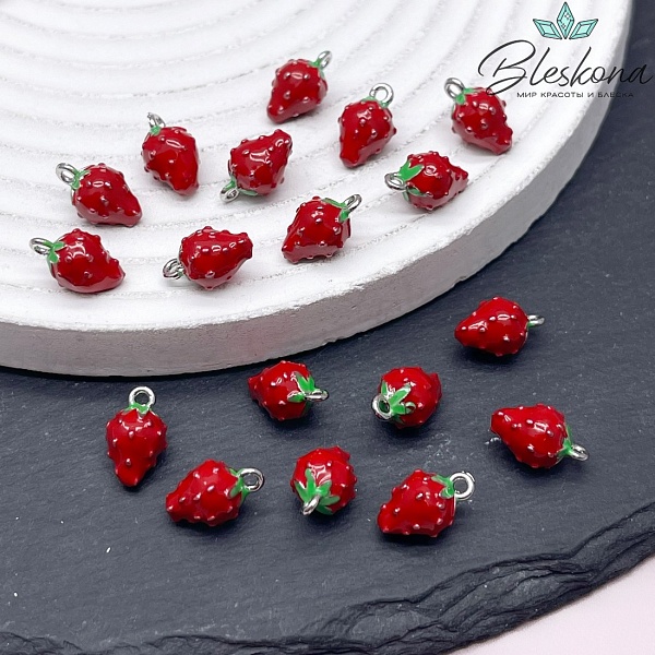 11,5*7 мм Цвет серебро, Подвеска клубничка эмаль