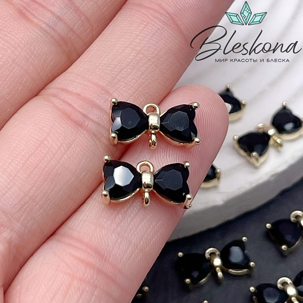 7*13 мм, Цвет золото, Коннетор два сердца черное стекло