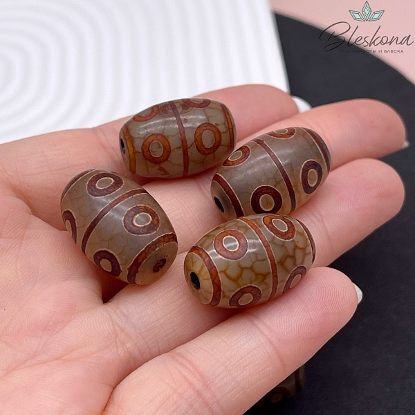 Бусина Дзи 8 глаз серо-коричневый бочонок 22*15 мм