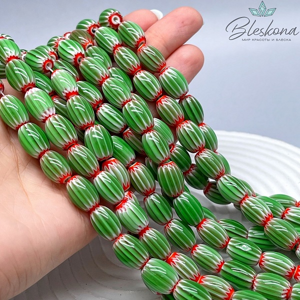 Муранское стекло бочата красно- зеленые, полосы 13,5*9 мм