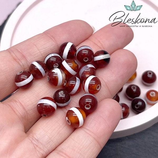 Бусина Дзи Медицина бело-коричневый шар 8 мм уп.15 шт.