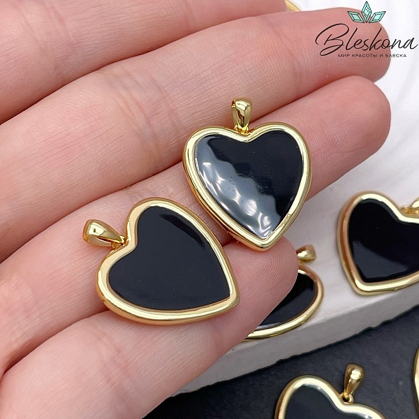 20мм, цвет золото,Подвеска Сердце, черная эмаль Люкс