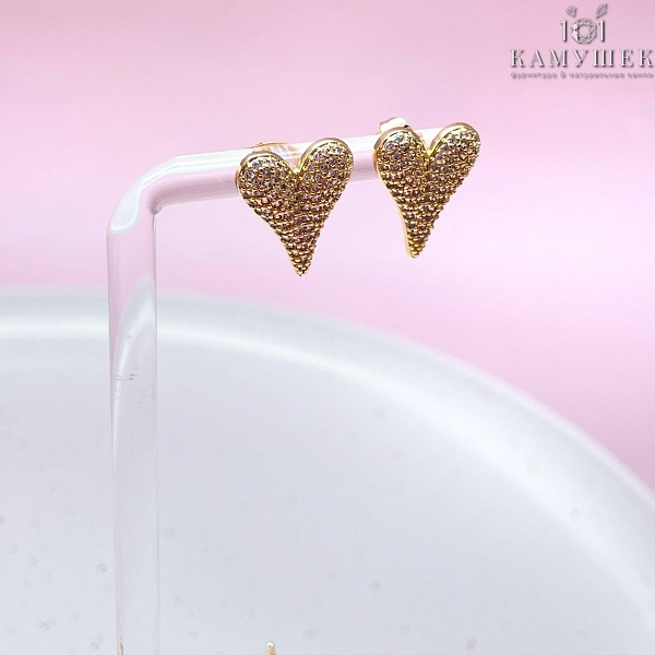 13*16 мм Цвет золото, Пуссеты сердце цирконы