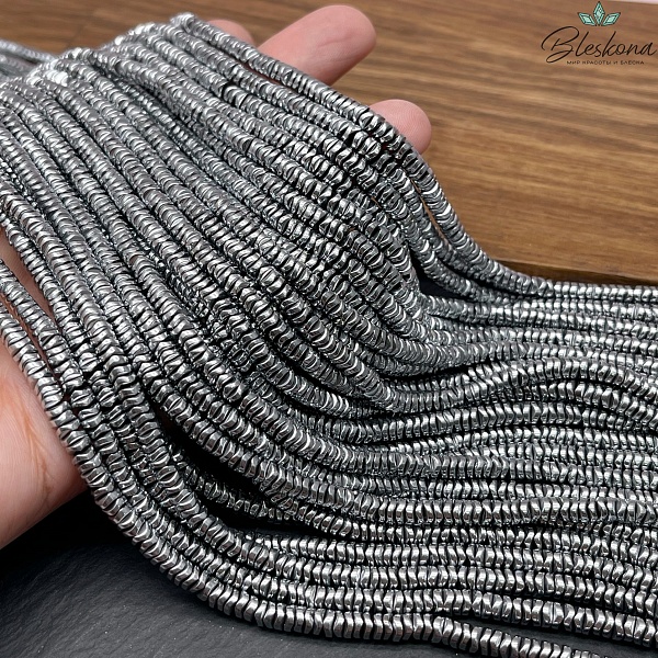 4 мм Гематин имитация, цвет темное серебро, диски волна