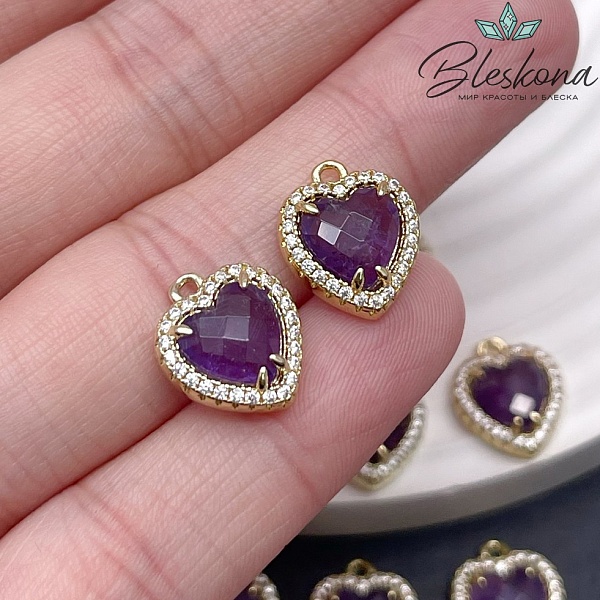 12*14мм ,цвет золото, Подвеска Сердце в обрамлении Аметист огранка цирконы