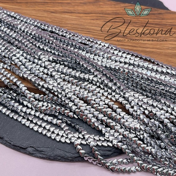 4 мм Гематин сердце объемное, темное серебро имитация