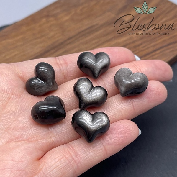 Бусина Сердце Обсидиан серебристый 15*17 мм