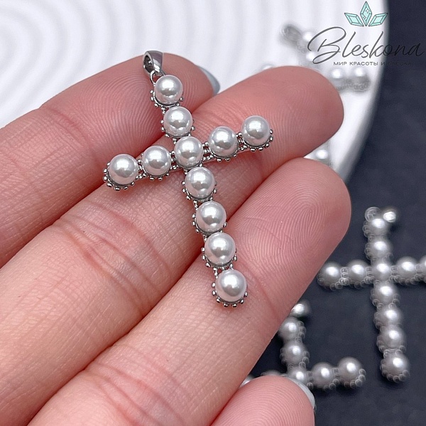 Подвеска Крест с имитацией жемчуга,цвет серебро 24*35мм 
