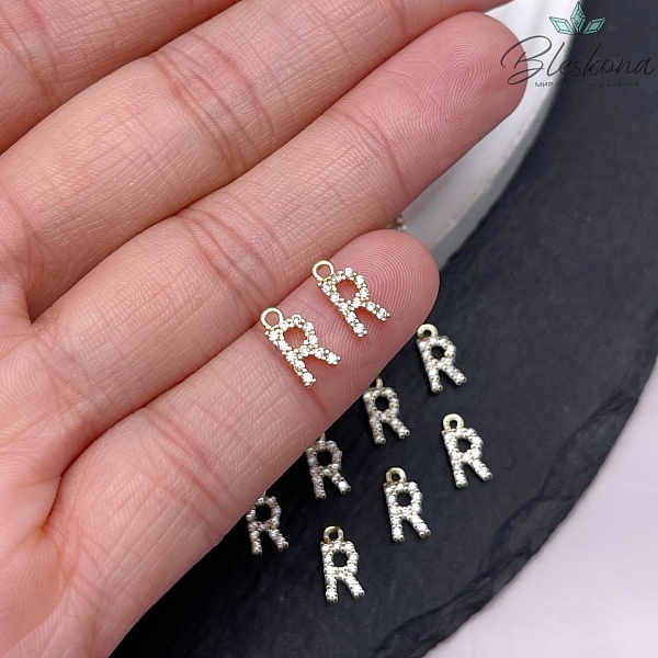 9,4 мм Цвет золото, Буква R цирконы 