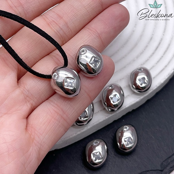 15*12 мм Цвет серебро, Подвеска-бусина фриформ с цирконами