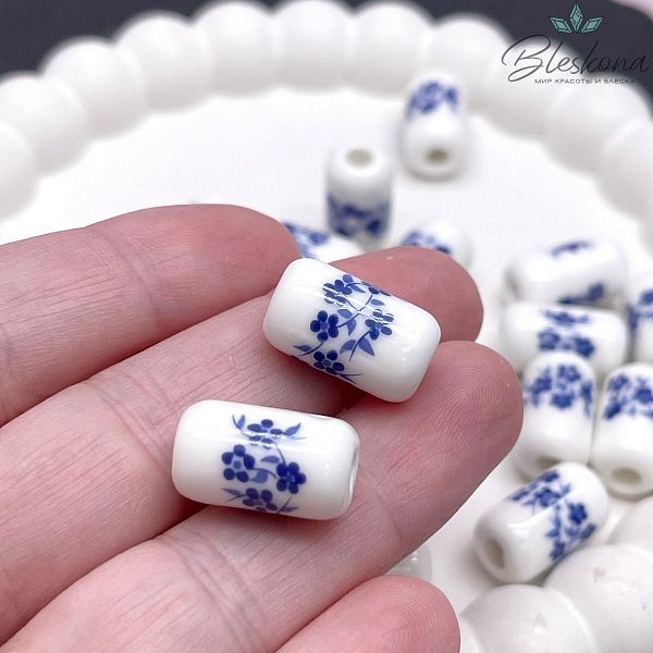 17*10 мм Керамика Бусина бочонок  роспись гжель №2 (штучно)