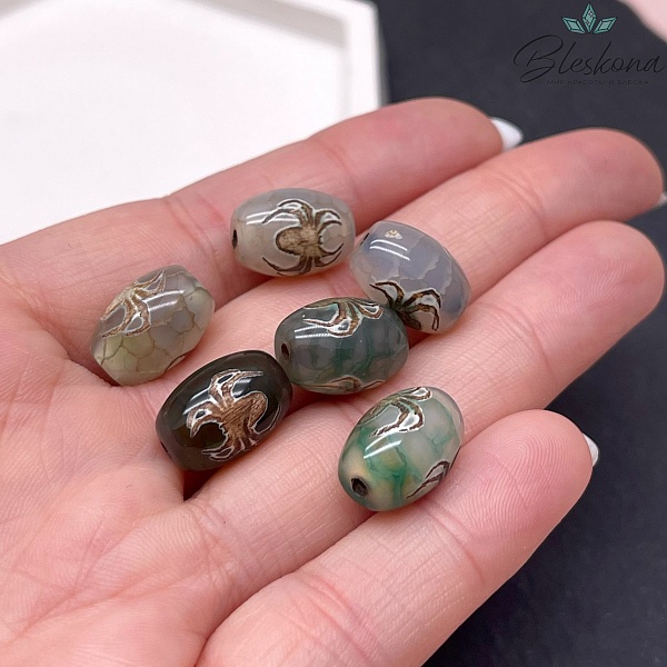 Бусина Дзи Паук и Сау зелено-коричневый бочонок 10*14 мм