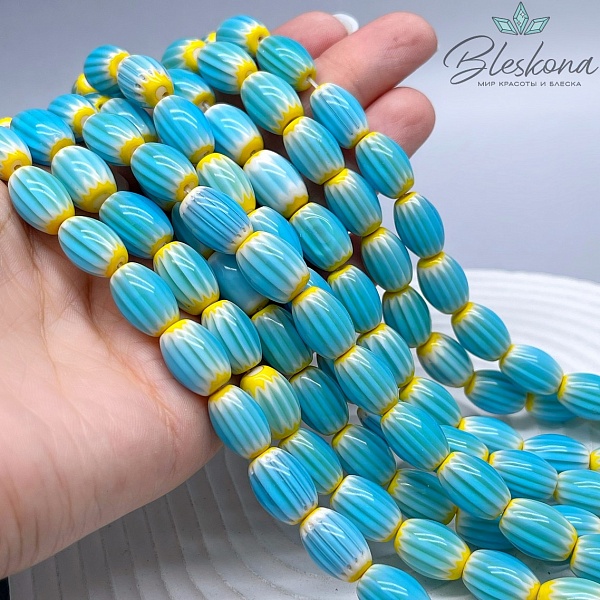 Муранское стекло бочата желто- голубые, полосы 14*10 мм