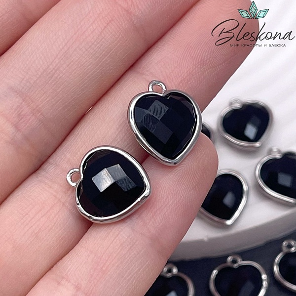 13*15мм,Цвет серебро ,Подвеска Сердце агат черный огранка