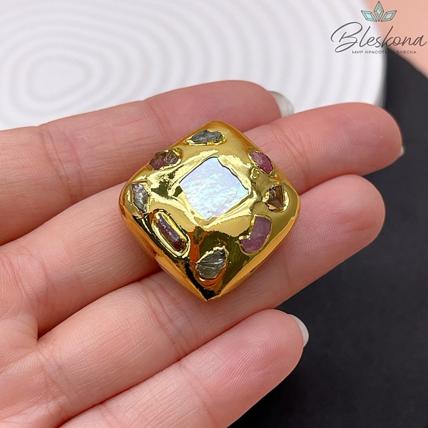 23*23 мм Цвет золото, Бусина  Жемчуг квадрат инкрустированный натуральными камнями