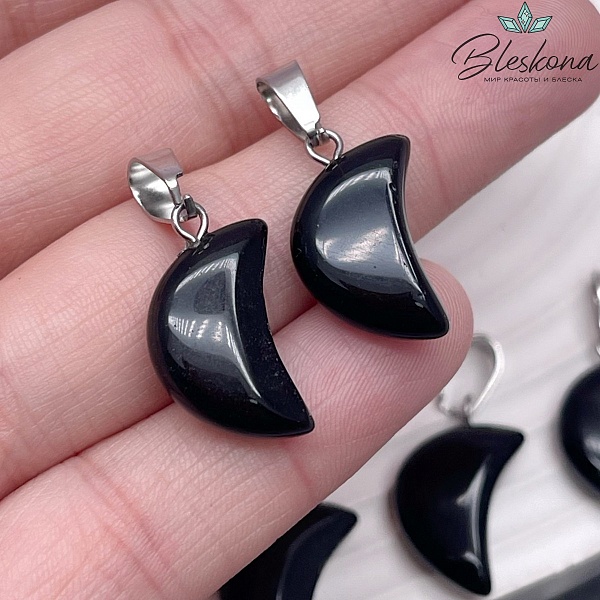 18*13 мм Цвет серебро, Подвеска полумесяц Обсидиан