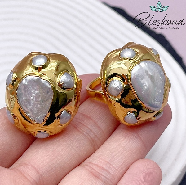 21,5 мм Цвет золото, Кольцо безразмерное Жемчуг фриформ №1