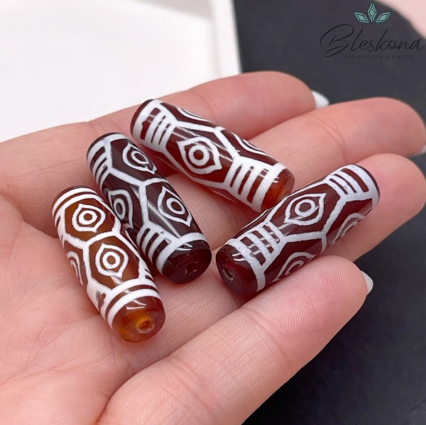 Бусина Дзи 6 глаз Феникса бело-коричневый бочонок 30*11мм