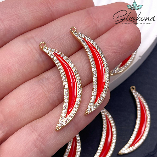 37*13 мм Цвет золото, Подвеска полумесяц красная эмаль цирконы