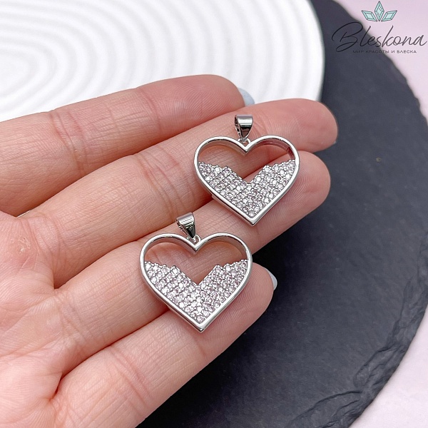 22,5*20 мм Цвет серебро, Подвеска  Сердце розовые цирконы