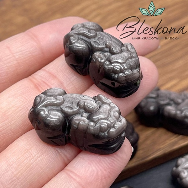 27*16 мм Резная бусина Пи Яо Обсидиан серебристый