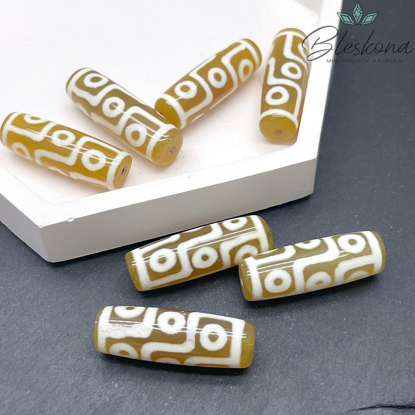 Бусина Дзи 9 глаз бело-желтый бочонок 30*11 мм