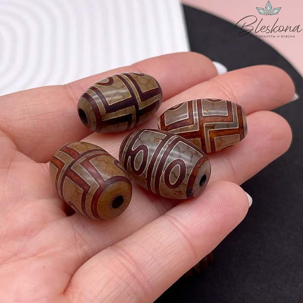 Бусина Дзи 4 глаза серо-коричневый бочонок  22*15 мм