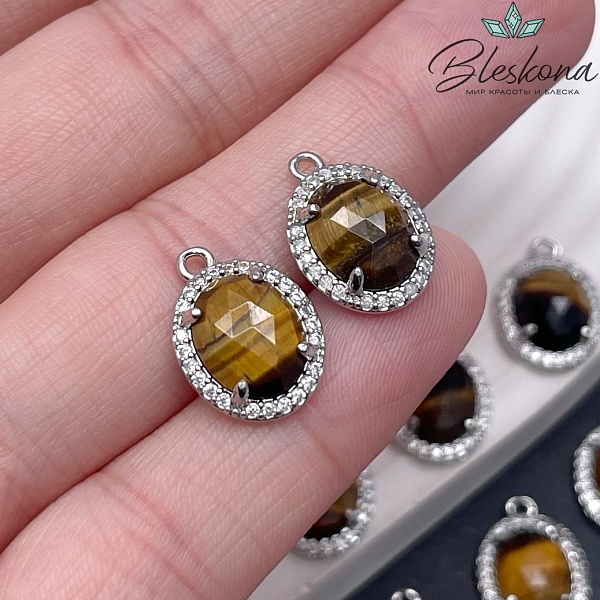 15*11 мм Цвет серебро, Подвеска овал Тигровый Глаз в обрамлении цирконы