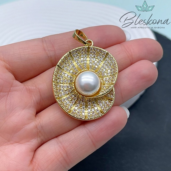 40*30 мм Цвет золото, Подвеска Ракушка с жемчугом Майорка №1