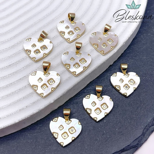 14*15,5 мм Цвет золото, Подвеска Сердце белый перламутр с цирконами 