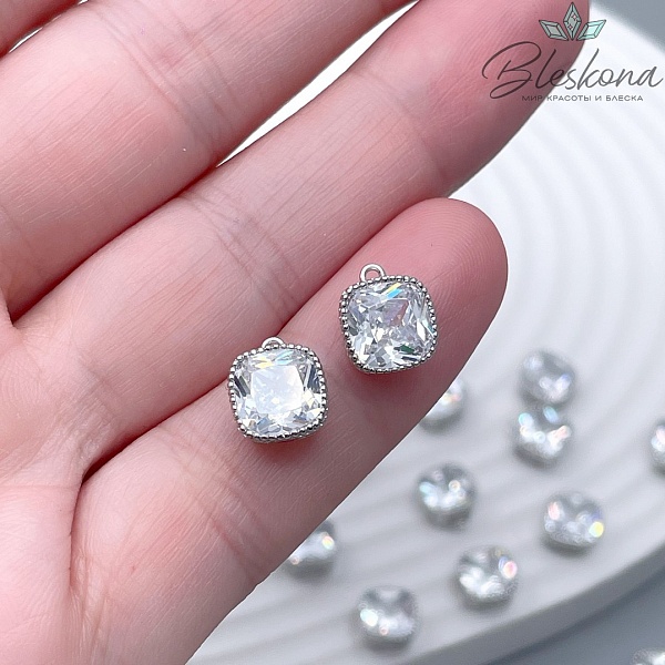 9,5*8 мм Цвет серебро, Подвеска квадрат белый циркон 