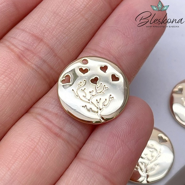 16,7*17 мм Цвет золото, Подвеска круг дерево с сердечками