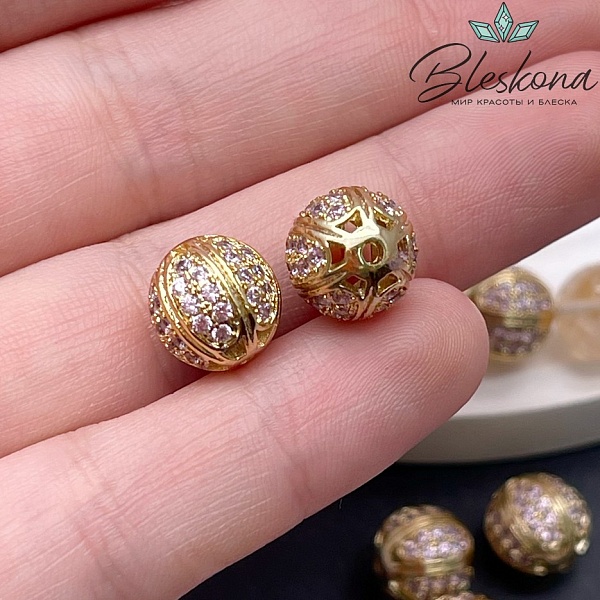 10,5 мм Цвет золото, Бусина Арбуз цирконы розовые