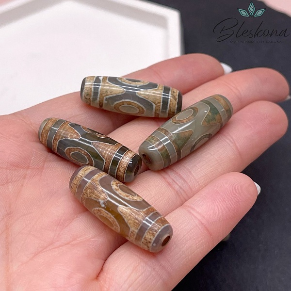 Бусина Дзи 3 глаза зелено-коричневый бочонок  30*11 мм